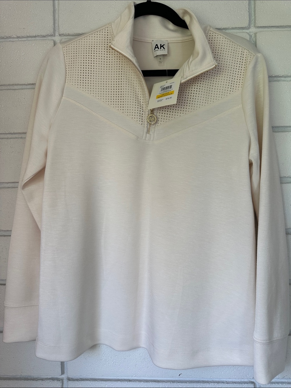 Anne Klein Cream Perforated Yoke Half-Zip Sweater